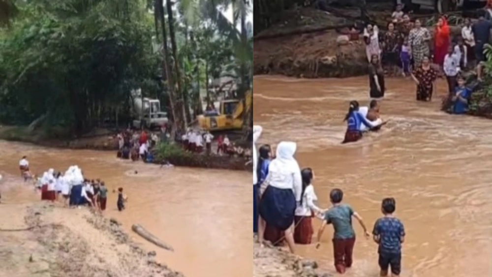 Anak Sd Menyeberangi Sungai Di Pandeglang, Banten. (Instagram)